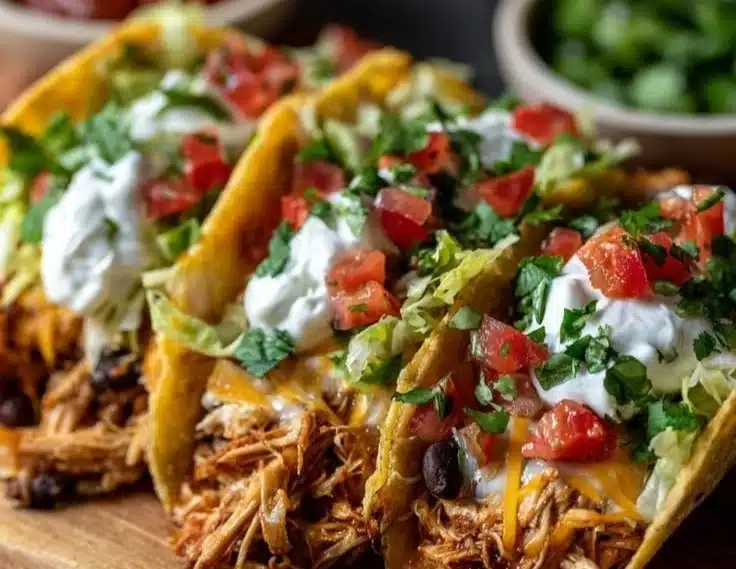 Slow Cooker Chicken Tacos 4 Slow cooker chicken tacos served in a vibrant plate with toppings
