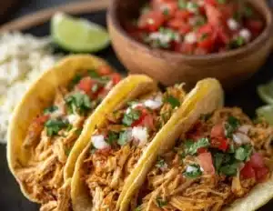 Delicious slow cooker shredded chicken tacos topped with fresh ingredients.
