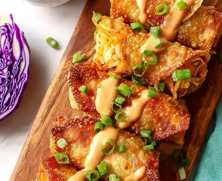 Spicy Bang Bang Shrimp Egg Rolls 4 Spicy Bang Bang Shrimp Egg Rolls served on a plate with dipping sauce