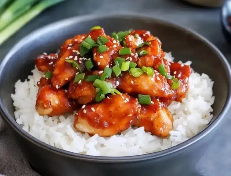 Delicious sticky sweet chilli chicken garnished with fresh herbs