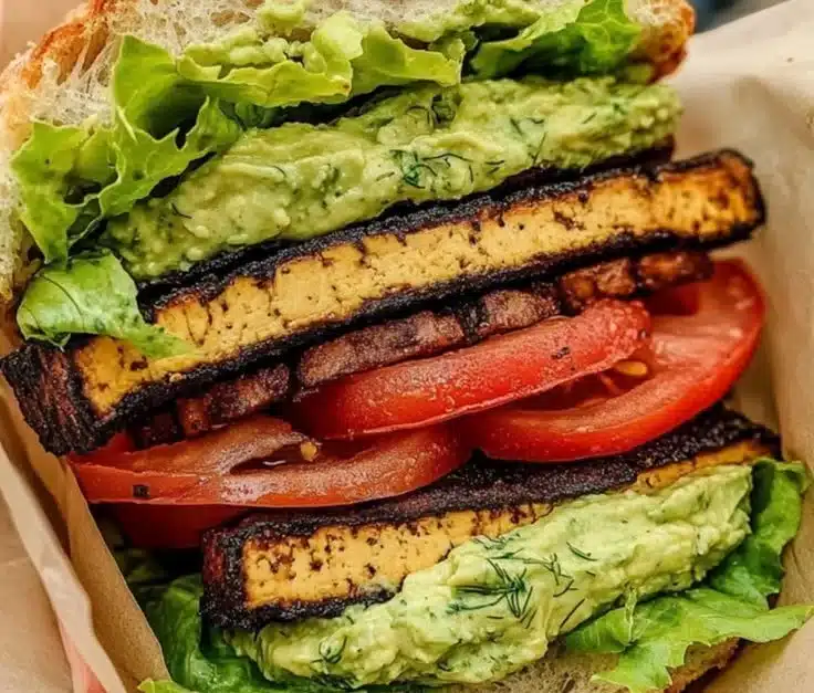 Delicious smoky tofu sandwich with lettuce and tomato, perfect for summer meals