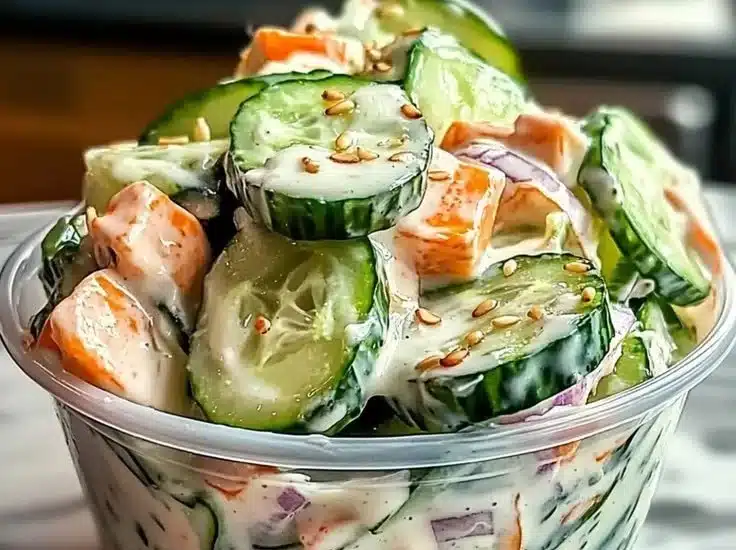Fresh and colorful Sushi Cucumber Salad with veggies and soy dressing
