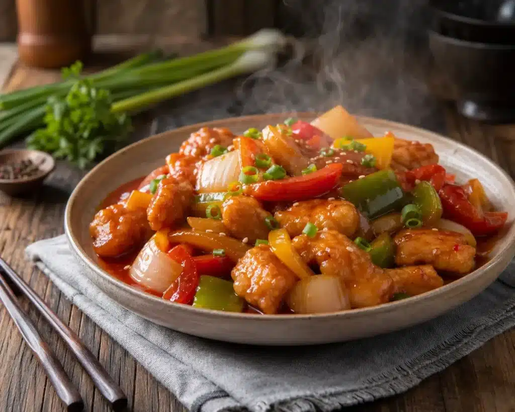 Delicious plate of Sweet and Sour Chicken with colorful vegetables.