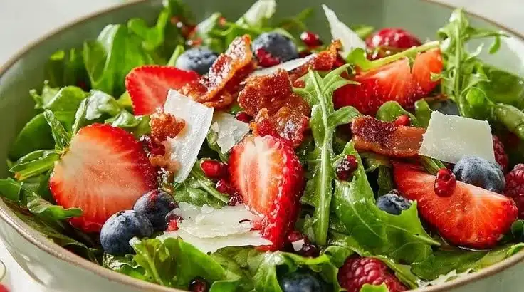 Sweet spring salad with berries and crispy bacon on a plate