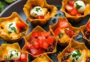 Delicious Taco Cups served on a platter, perfect for gatherings and parties.