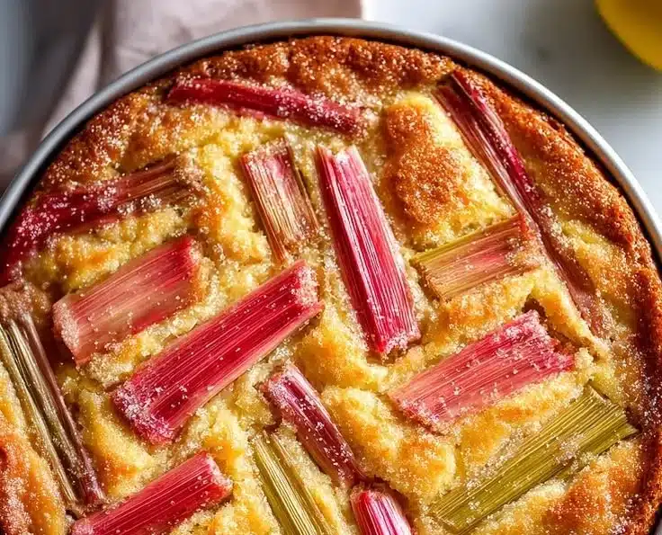 Slice of delicious rhubarb custard cake with a golden crust and rich filling