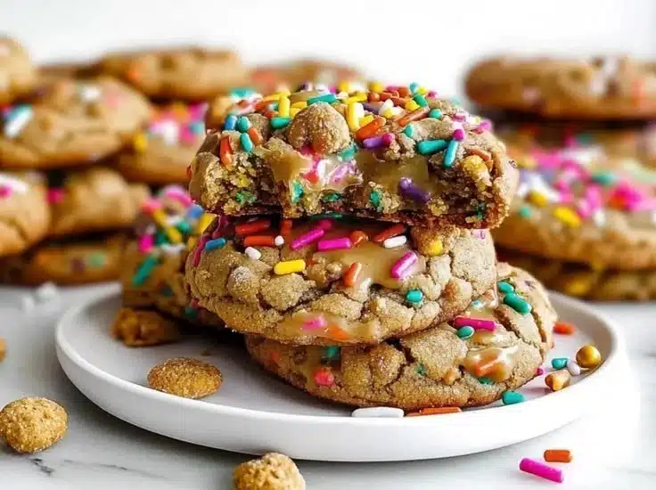 Teddy Graham Funfetti stuffed cookie butter cookies on a plate