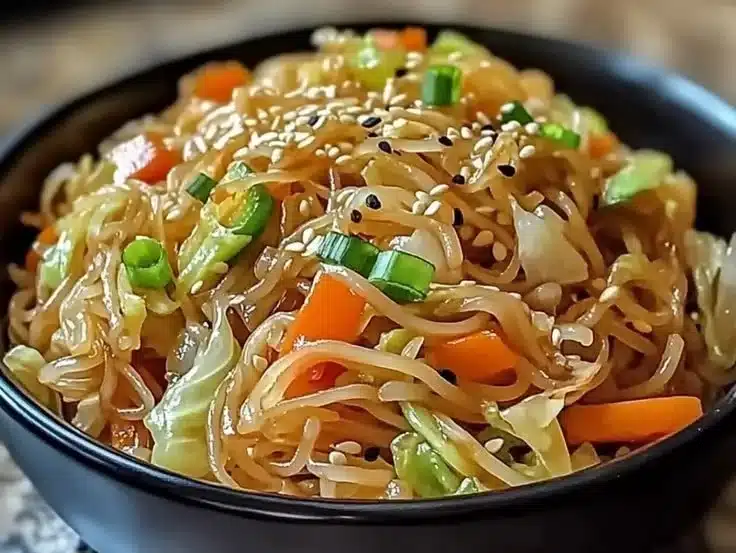 Vegetarian cabbage noodle stir-fry with colorful vegetables and tofu