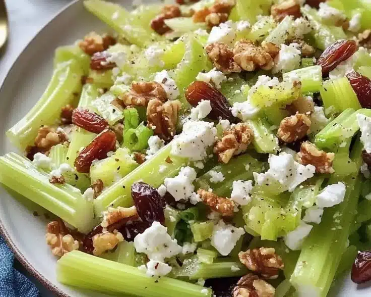 Walnut Celery Salad with Feta served in a bowl, garnished with fresh herbs