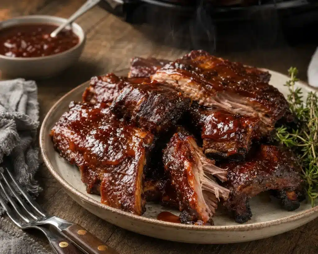 Delicious crockpot ribs served with flavorful sauce and herbs