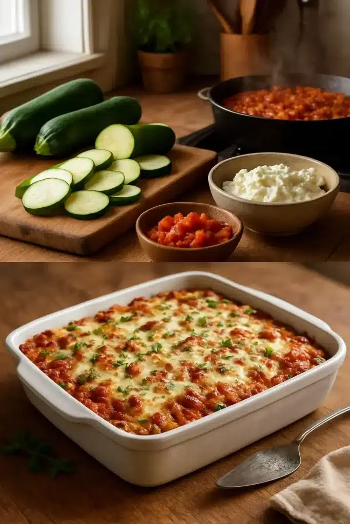 Delicious zucchini lasagna with layers of cheese and tomato sauce.