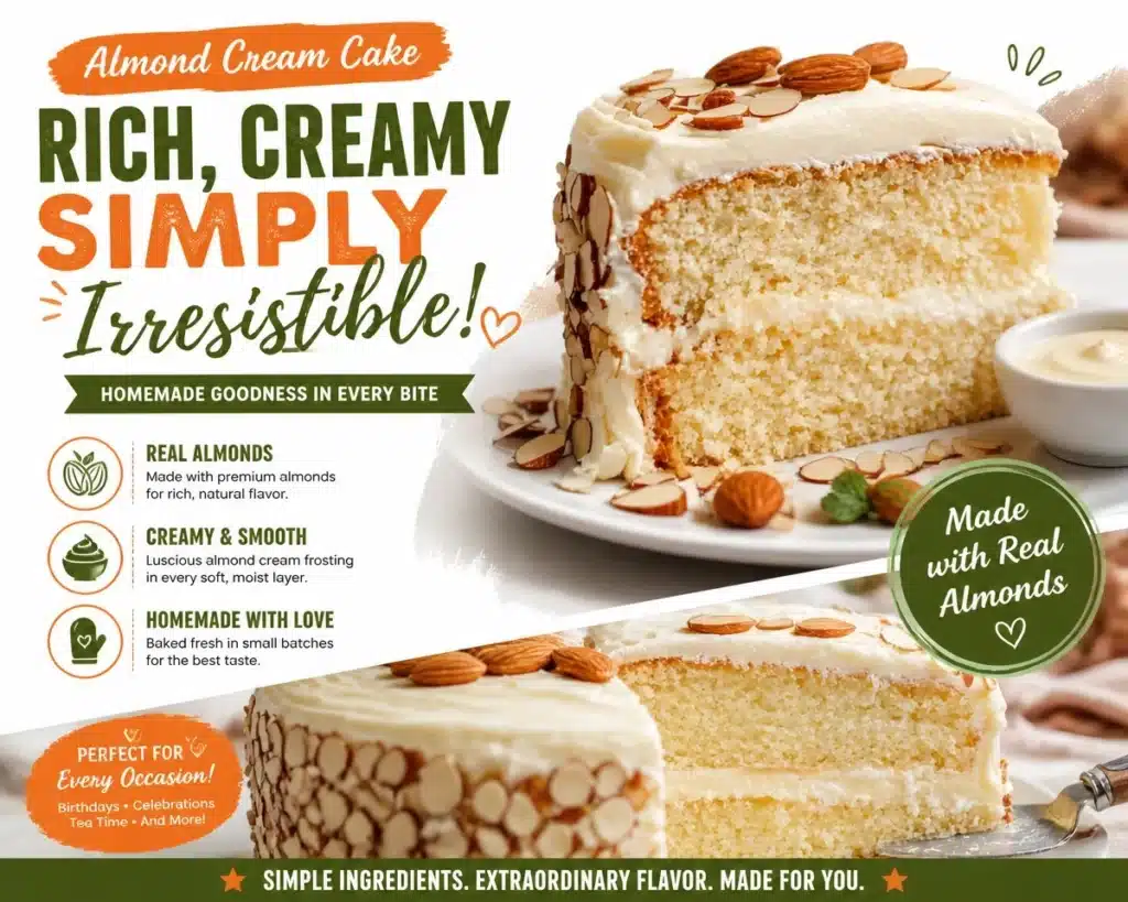 Delicious Almond Cream Cake topped with creamy almond frosting and garnished.