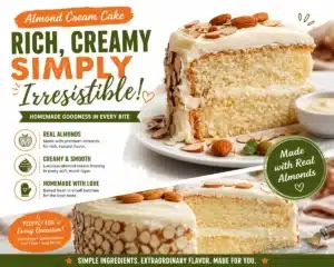 Delicious Almond Cream Cake topped with creamy almond frosting and garnished.
