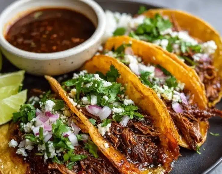 Delicious slow cooker birria tacos with shredded beef served in corn tortillas