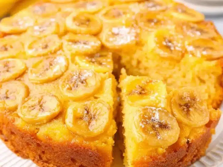 Delicious Banana Upside Down Cake with caramelized bananas on top.