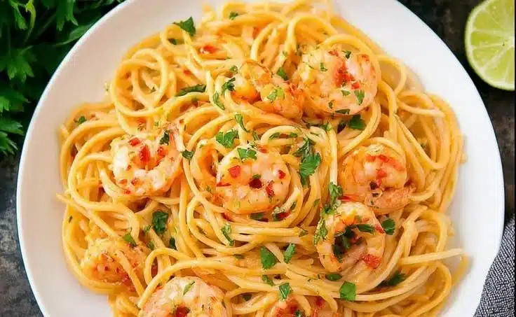 Delicious Bang Bang Shrimp pasta with a creamy sauce and garnished herbs