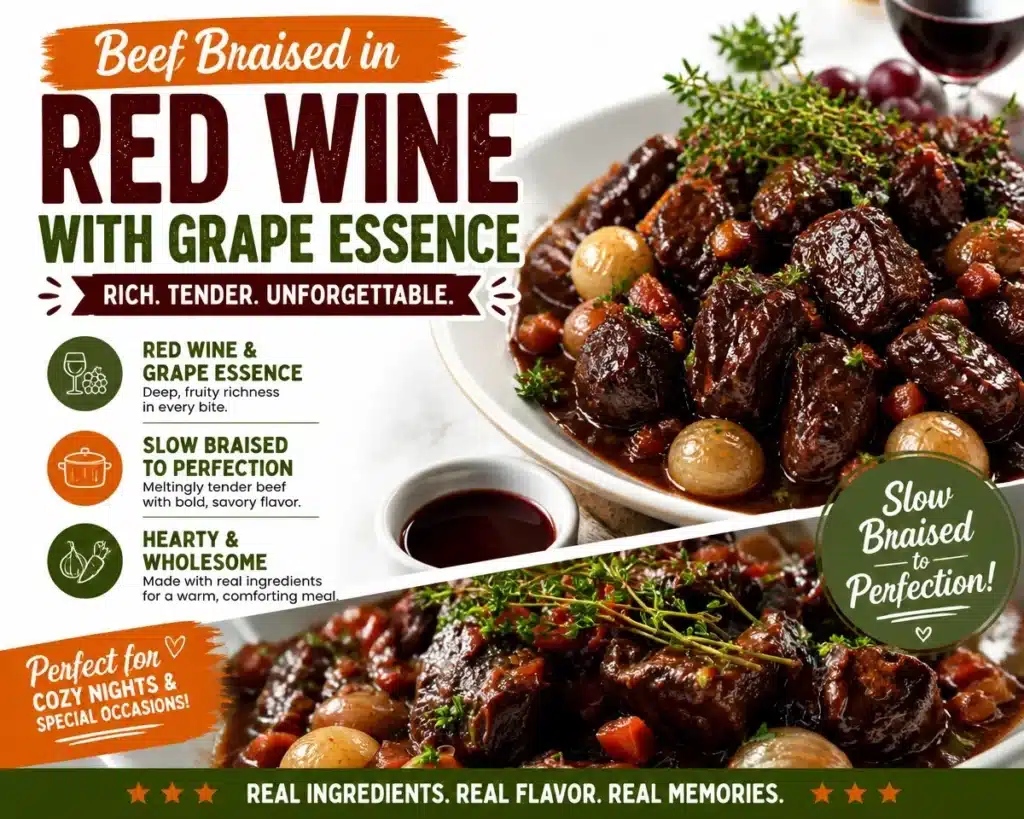 Beef braised in red wine with a hint of grape essence, beautifully plated.