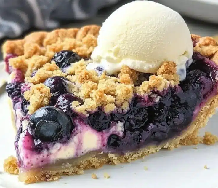 Blueberry Crumble Cheesecake Pie with a buttery crumble topping and fresh blueberries