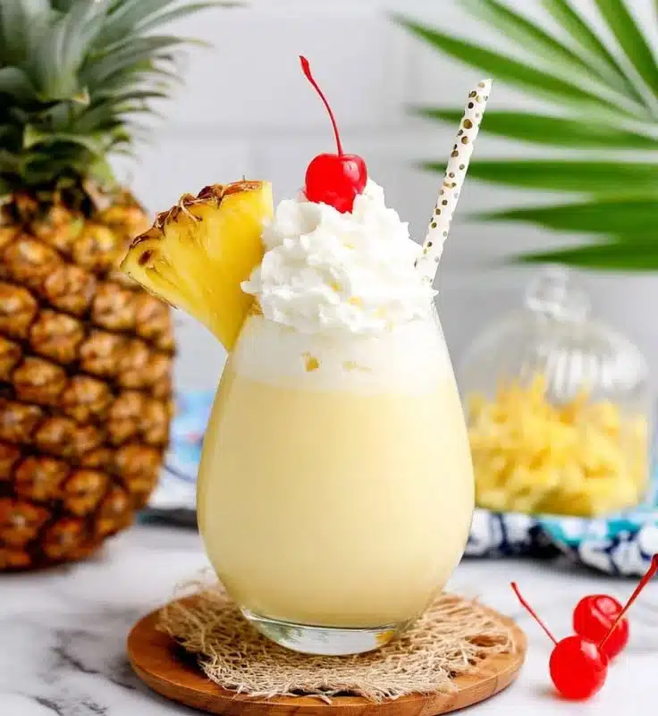 Delicious Boozy Dole Whip with pineapple and rum in a tropical setting