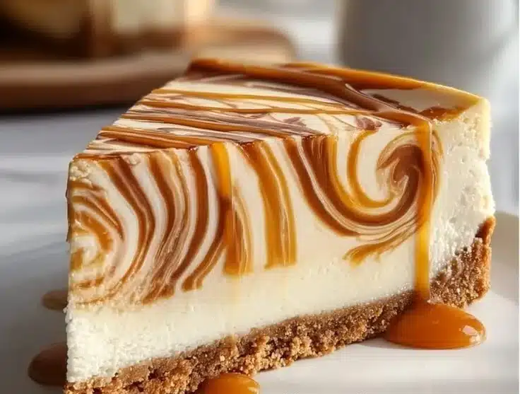 Caramel Swirl Cheesecake: Master the Art of Perfect Slices 5 Delicious slice of Caramel Swirl Cheesecake with creamy texture and caramel drizzle.