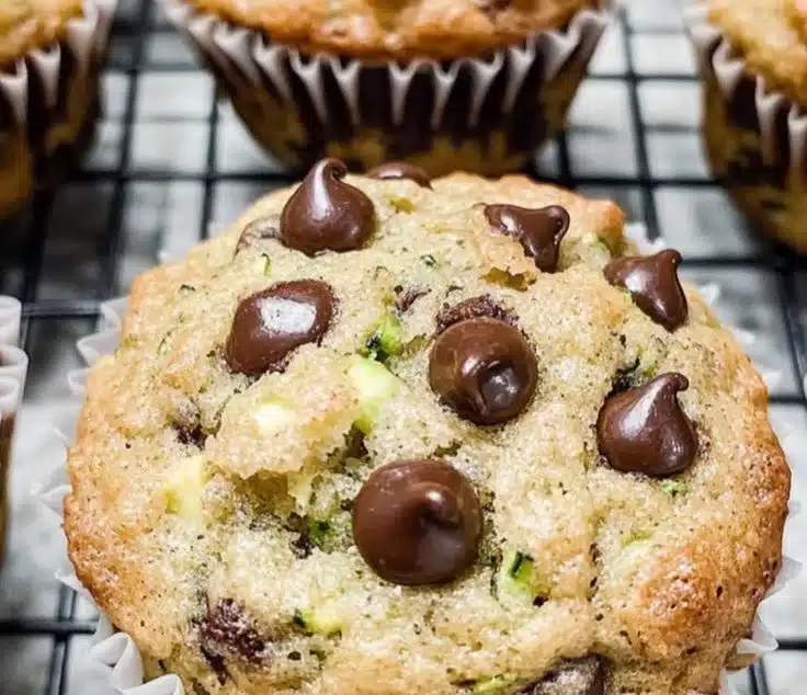 Chocolate Chip Zucchini Muffins 4 Chocolate chip zucchini muffins with melted chocolate chips on top