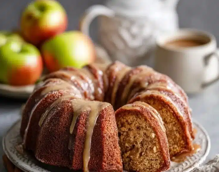 Cozy moist apple cider bundt cake topped with a glaze and spices