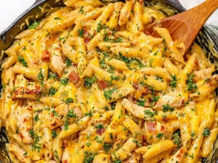 Creamy Crack Chicken Penne served in a bowl with herbs and spices