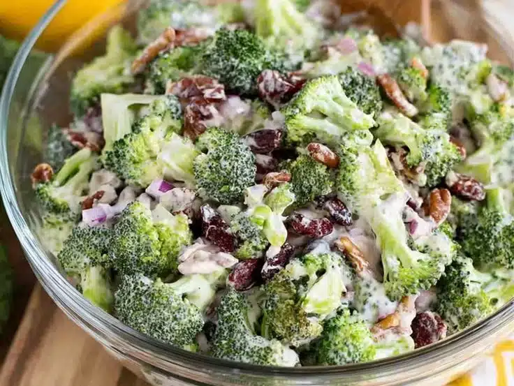 Creamy broccoli salad with fresh vegetables and a delicious dressing