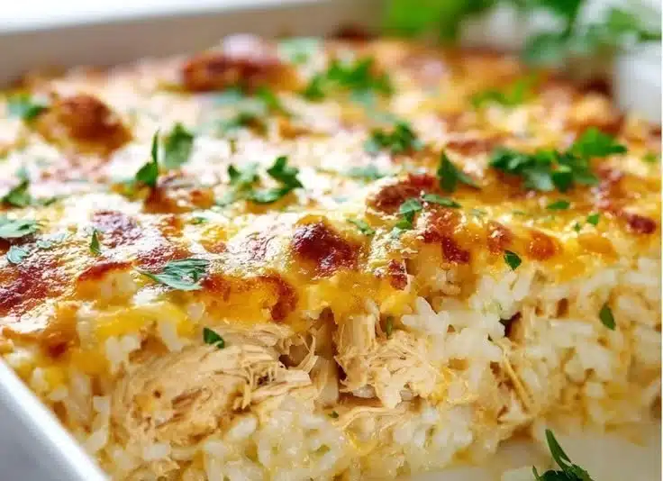 Creamy Chicken and Rice Casserole 5 Creamy chicken and rice casserole dish served in a white bowl