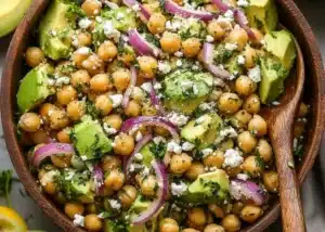 Creamy Chickpea Feta Avocado Salad with fresh ingredients on a plate