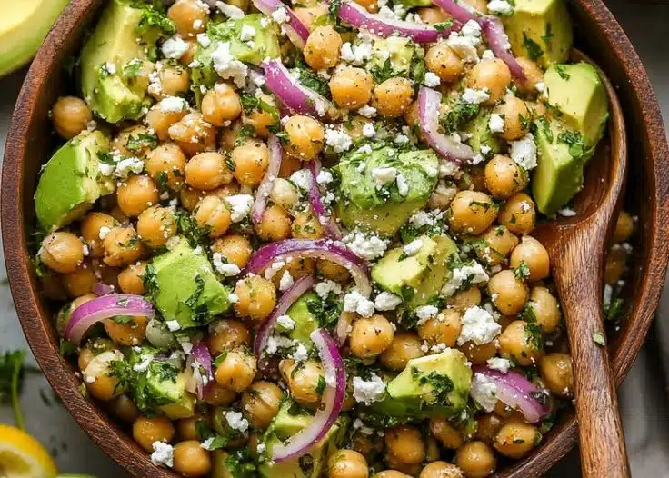 Creamy Chickpea Feta Avocado Salad with fresh ingredients on a plate