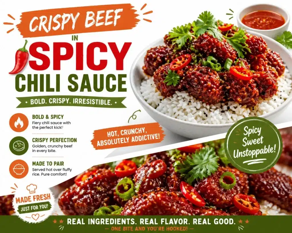Crispy beef in spicy chili sauce served on a plate
