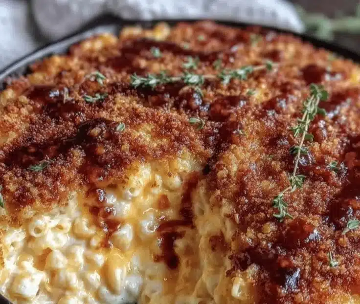 Easy cast iron skillet mac and cheese with crispy topping ready to serve