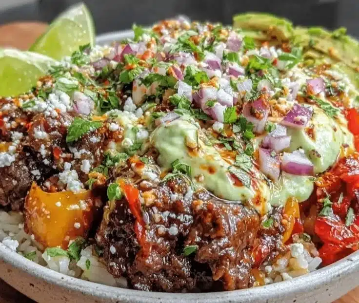 Easy Keto Taco Bowl with ground beef topped with creamy avocado crema