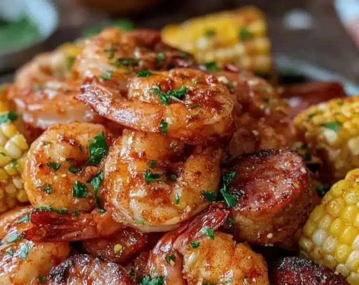 Easy Sheet Pan Shrimp Boil 3 Easy Sheet Pan Shrimp Boil with shrimp, potatoes, and corn on a baking sheet