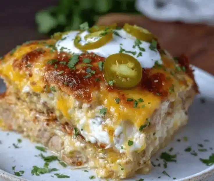 Delicious slow cooker green chile chicken enchilada casserole served in a dish