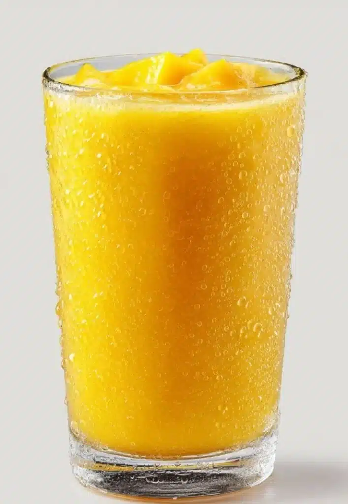 Glass of fresh mango juice with ripe mangoes in the background