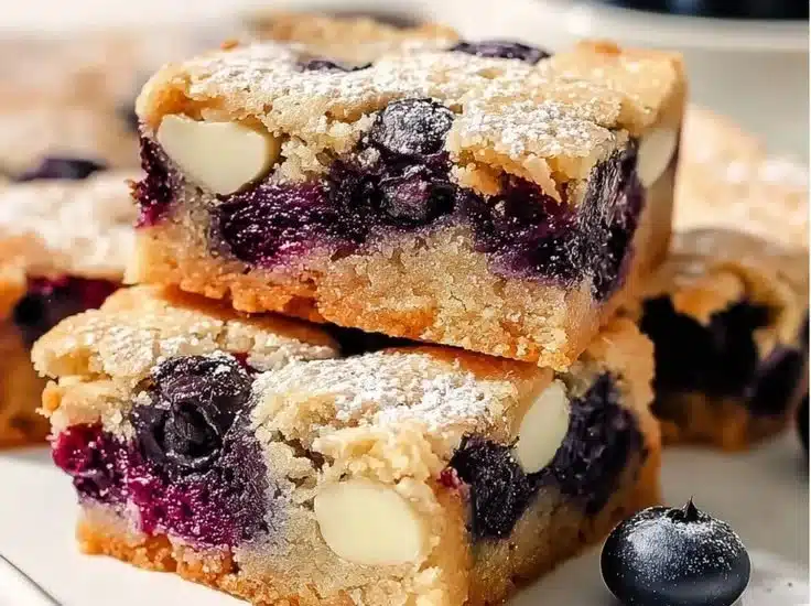 Fudgy Blueberry Blondies 4 Fudgy blueberry blondies with fresh blueberries, a delicious dessert treat.