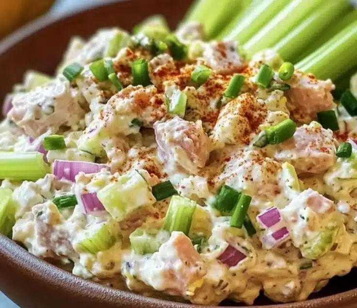 Healthy cottage cheese tuna salad served in a bowl with veggies and dressing