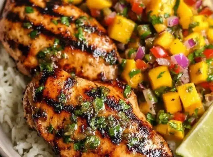 Healthy honey lime chicken served with mango salsa on a plate