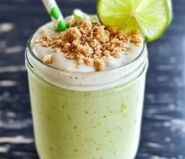 Key Lime Pie Protein Smoothie in a glass, topped with lime zest and mint leaves.