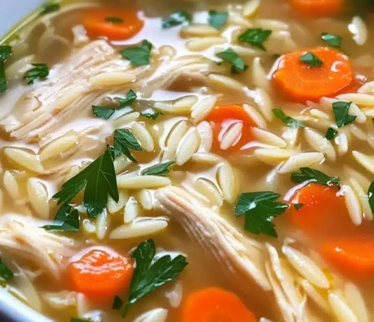 Bowl of Lemon Chicken Orzo Soup garnished with herbs