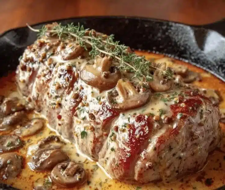 One-Pan Creamy Dijon Pork Tenderloin served with Mushroom Sauce on a plate