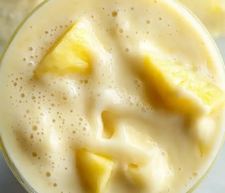 Delicious pineapple smoothie in a glass with fresh pineapple slices