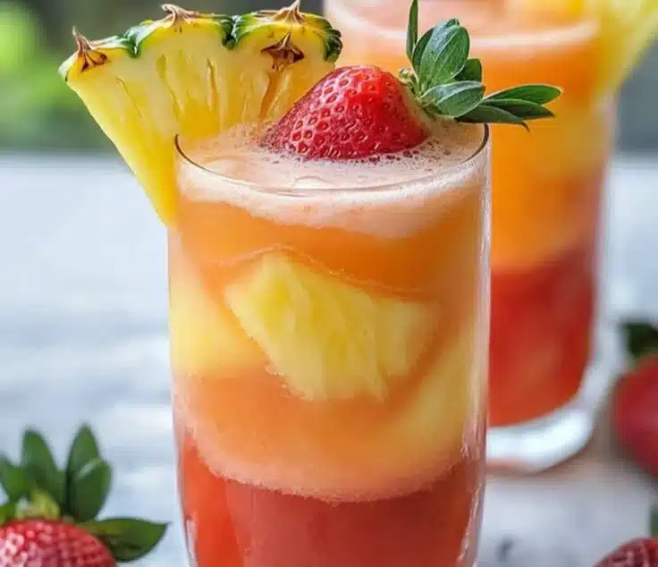 A refreshing glass of Pineapple Strawberry Water with fresh fruit slices
