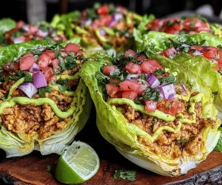 Low-carb turkey lettuce wraps with avocado lime drizzle on a plate