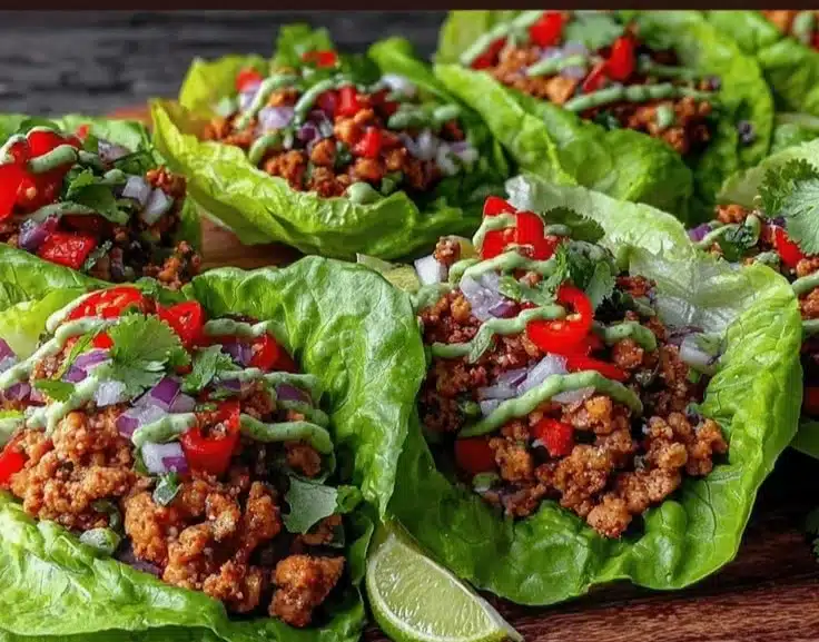 Quick Low-Carb Turkey Lettuce Wrap Tacos with Easy Avocado Lime Drizzle 2 Quick Low-Carb Turkey Lettuce Wrap Tacos with Easy Avocado Lime Drizzle