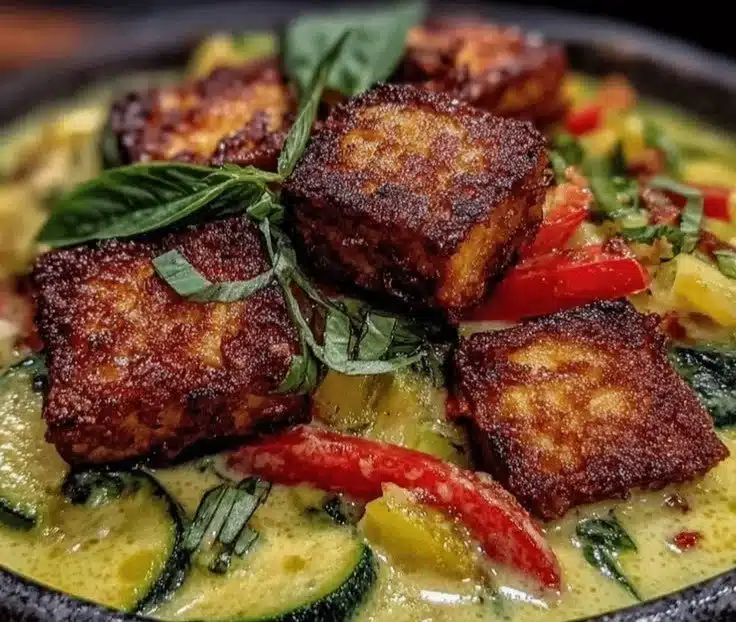 Bowl of quick vegan Thai green curry topped with crispy tofu and fresh vegetables