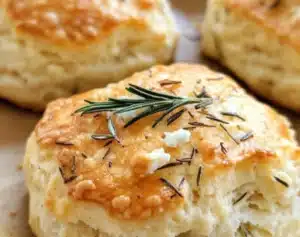 Freshly baked rosemary goat cheese biscuits on a wooden board