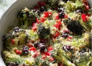 Plate of savory Mediterranean broccoli delight with olive oil and herbs